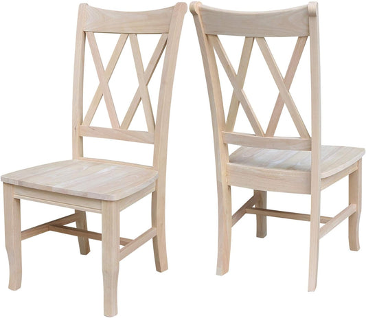 Set of 2 Double X-Back Dining Chairs, Armless, Real Wood, Kitchen/Dining/Accent, 19.9"W x 22"D x 41.3"H, 225 Lbs Wt. Capacity, DIY, Paint/Stain In Any Color, Unfinished