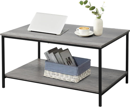 2-Tier Coffee Table with Storage Shelf for Small Living Spaces, Grey Oak Rectangle Wood and Sturdy Metal Side End Table, Stable Metal TV Stand, Functional Center Table for Living Room