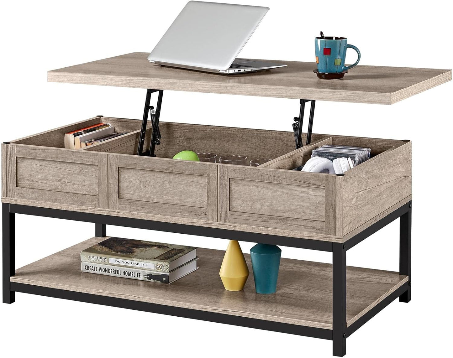 Lift Top Coffee Table with Hidden Compartments & Open Shelf, Tabletop Metal Frame Cocktail Table, Rising Center/Acent Table for Living Room Reception, 18-23inch H, Gray