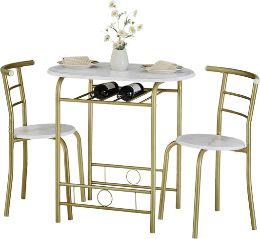 3-Piece Dining Table Set for Kitchen Breakfast Nook, Wood Grain Oval Tabletop and Metal Frame with Built-in Wine Rack, for Small Spaces, White & Gold