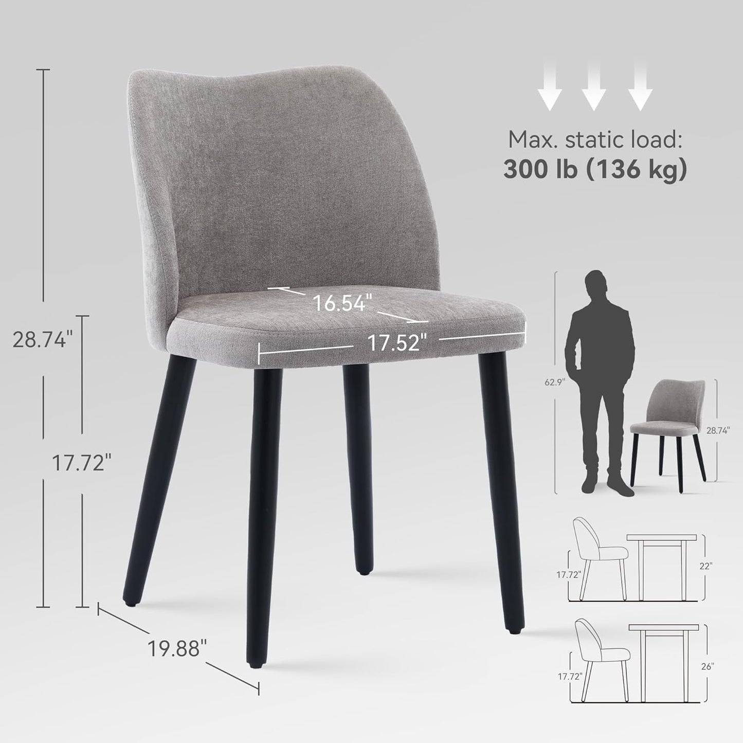 Dining Chairs Set of 2, Comfortable Dining Room Chairs, Modern Kitchen Chairs with Thick Cushions, Leveling Feet and Side Wing Support, Solid Wood Legs, Armless Dining Side Chairs