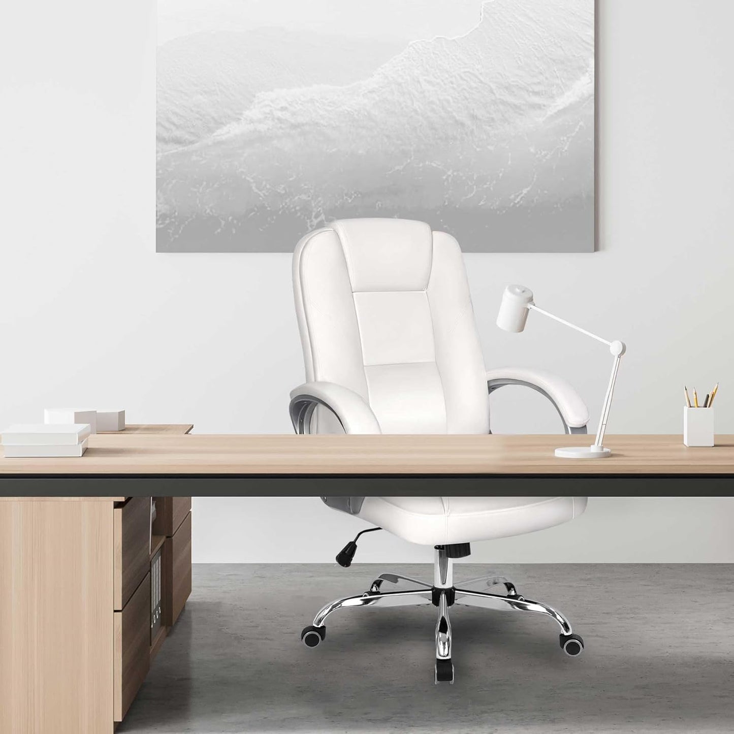 Office Chair Computer Desk Chair Gaming - Ergonomic High Back Cushion Lumbar Support with Wheels Comfortable White Leather Racing Seat Adjustable Swivel Rolling Home Executive