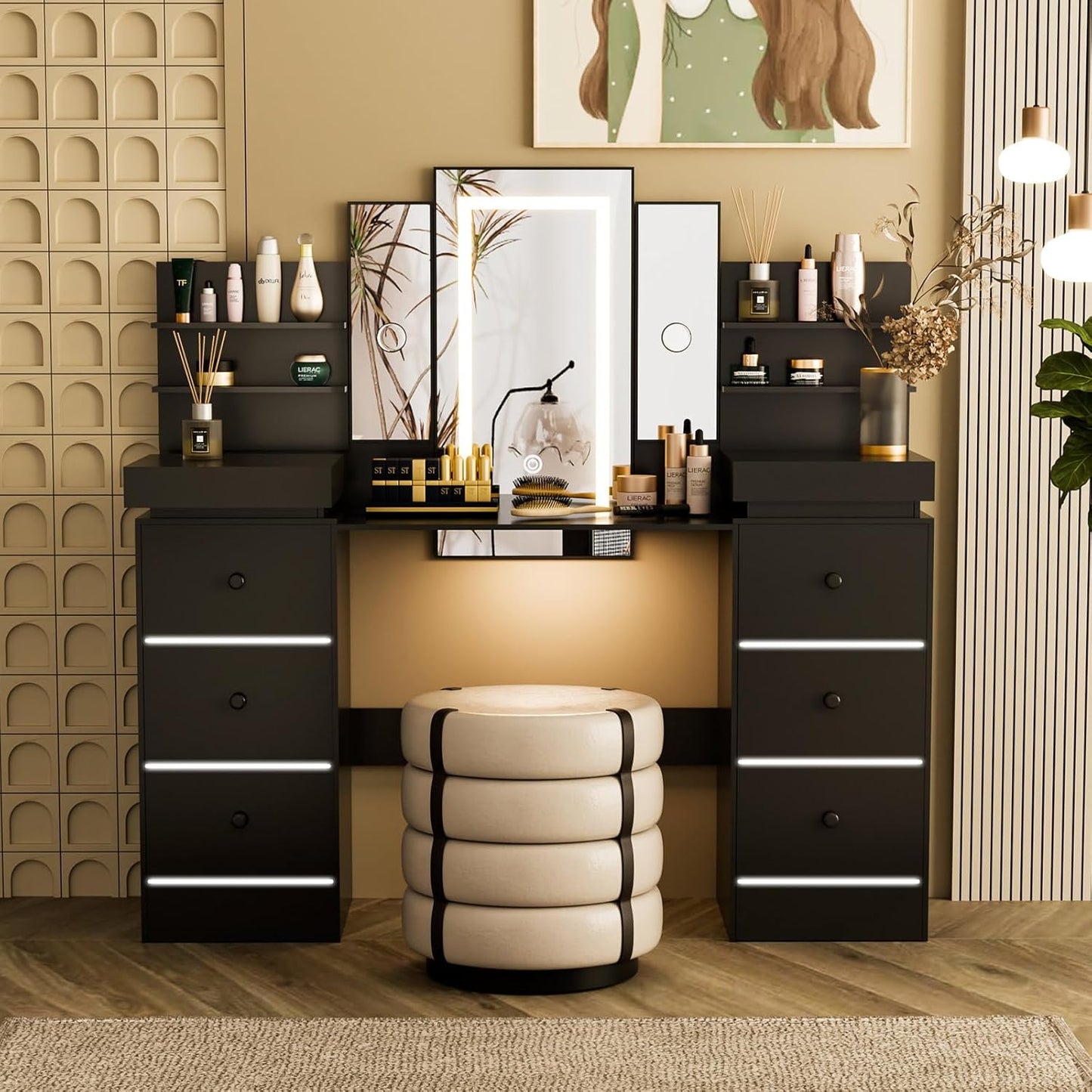 Vanity with Lighted Mirror - Makeup Vanity Desk with Open Storage Shelves 8 Drawers and 6 Drawers with Atmosphere Light, 3 Color Lighting Modes Adjustable Brightness, 57" Vanity Table Black