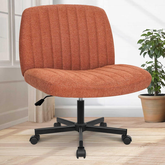 Criss Cross Chair with Wheels Comfy Cross Legged Office Desk Armless Wide Vanity Makeup Chair Adjustable Rolling Computer for Home Office Fabric (Brown)