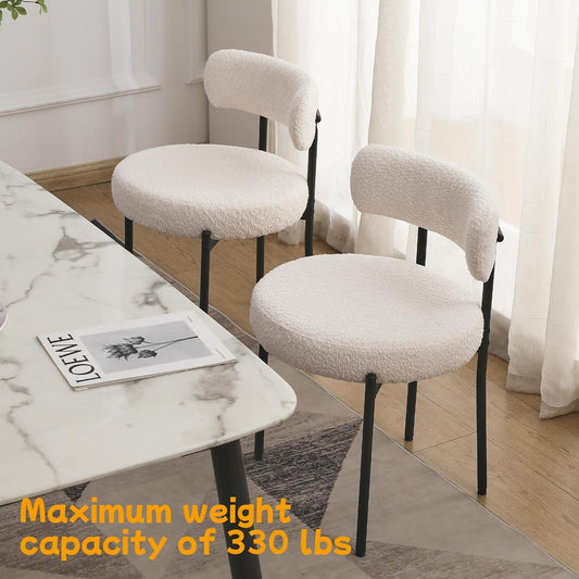 White Dining Chairs Set of 2, Modern Dining Room Chairs Mid Century with 3.94" Cushions and Metal Legs, Round Upholstered Boucle Chairs for Kitchen, Living Room, Easy Assembly