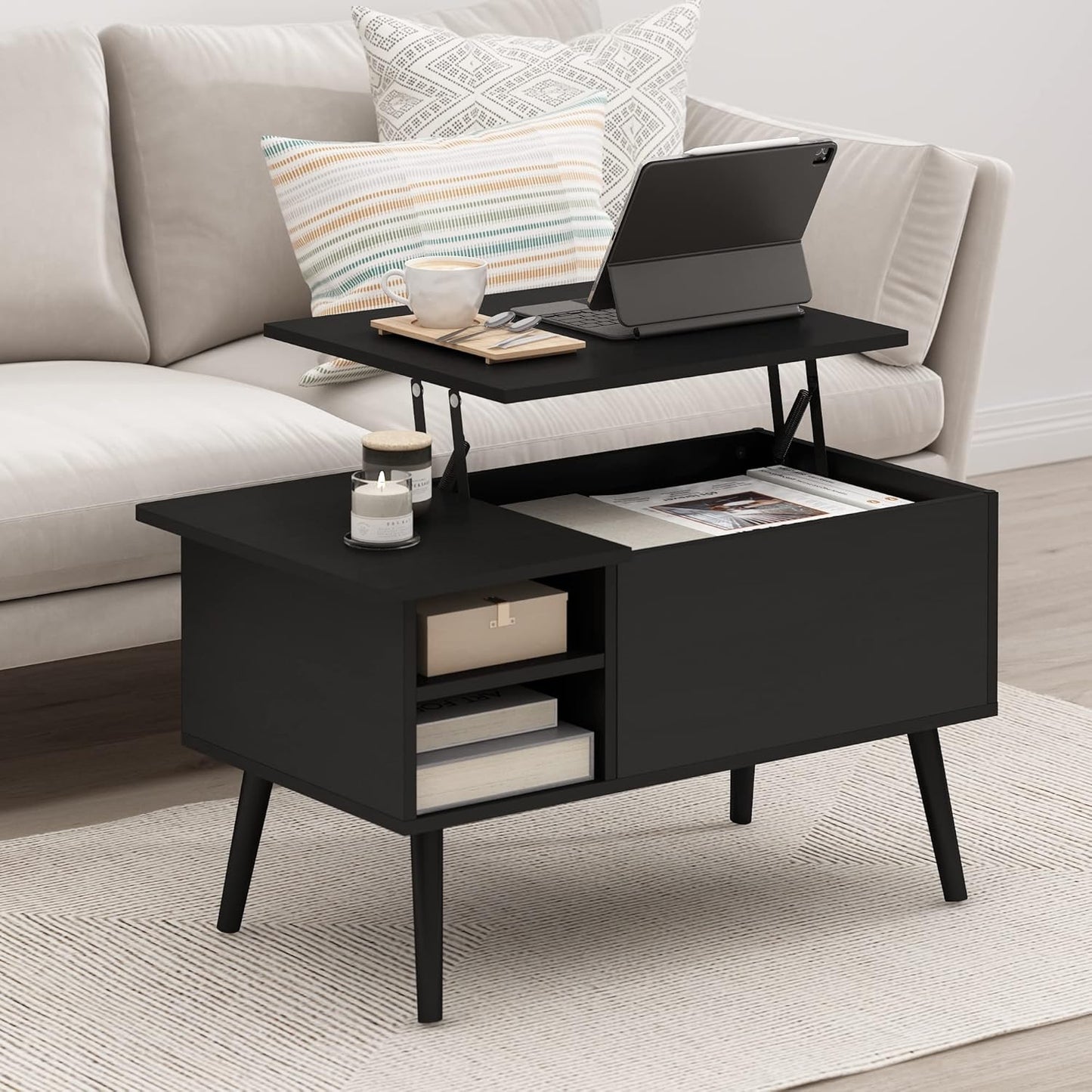 Living Room Wooden Leg Lift Top Coffee Table With Hidden Compartment and Side Open Storage Shelf, Americano