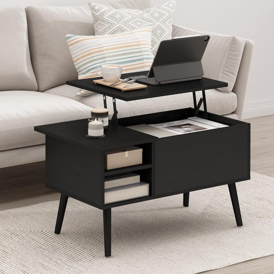 Living Room Wooden Leg Lift Top Coffee Table With Hidden Compartment and Side Open Storage Shelf, Americano