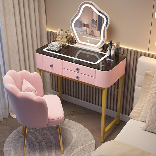 Pink Modern Vanity Desk with Mirror &  Lights, Glass Top Makeup Table, 3-Drawer Dressing Table with Stool, Small Vanity Desk for Girls Bedroom