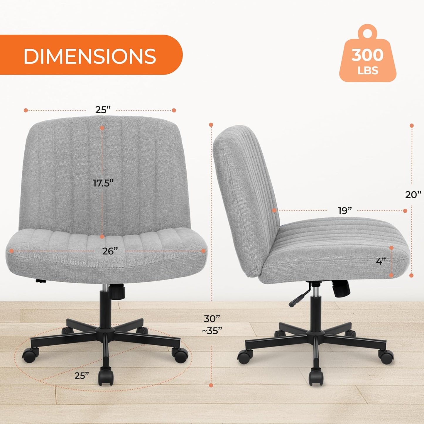 Criss Cross Chair with Wheels Comfy Cross Legged Office Desk Armless Wide Vanity Makeup Chair Adjustable Rolling Computer for Home Office Fabric (Grey)