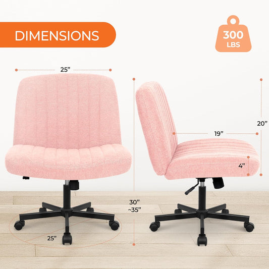 Criss Cross Chair with Wheels Comfy Cross Legged Office Desk Armless Wide Vanity Makeup Chair Adjustable Rolling Computer for Home Office Fabric (Pink)