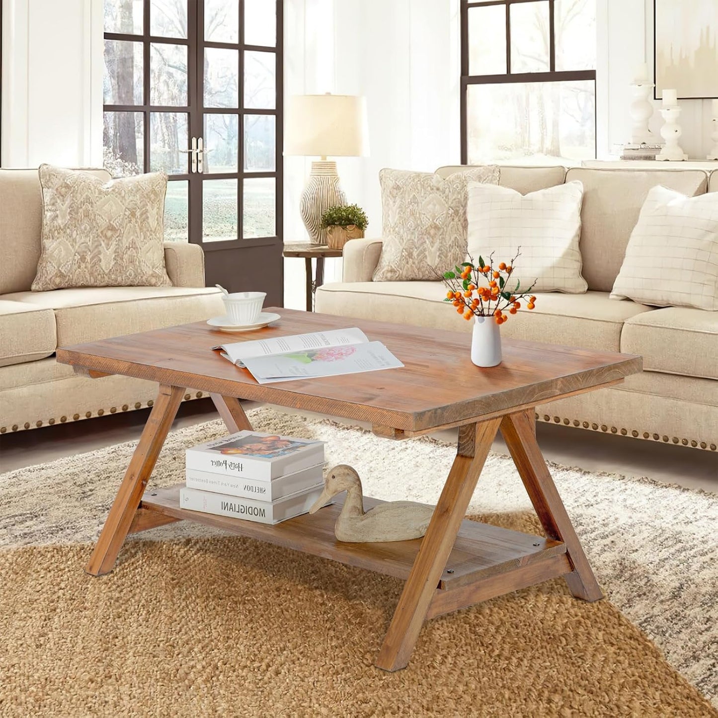 Farmhouse Coffee Table for Living Room, 2-Tier Solid Wood Coffee Table, Rustic Rectangular Coffee Table with Storage Open Shelf, Natural