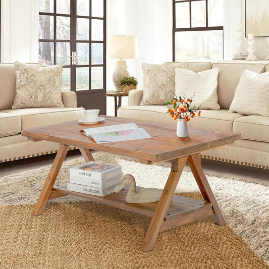 Farmhouse Coffee Table for Living Room, 2-Tier Solid Wood Coffee Table, Rustic Rectangular Coffee Table with Storage Open Shelf, Natural