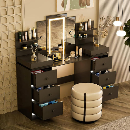 Vanity with Lighted Mirror - Makeup Vanity Desk with Open Storage Shelves 8 Drawers and 6 Drawers with Atmosphere Light, 3 Color Lighting Modes Adjustable Brightness, 57" Vanity Table Black