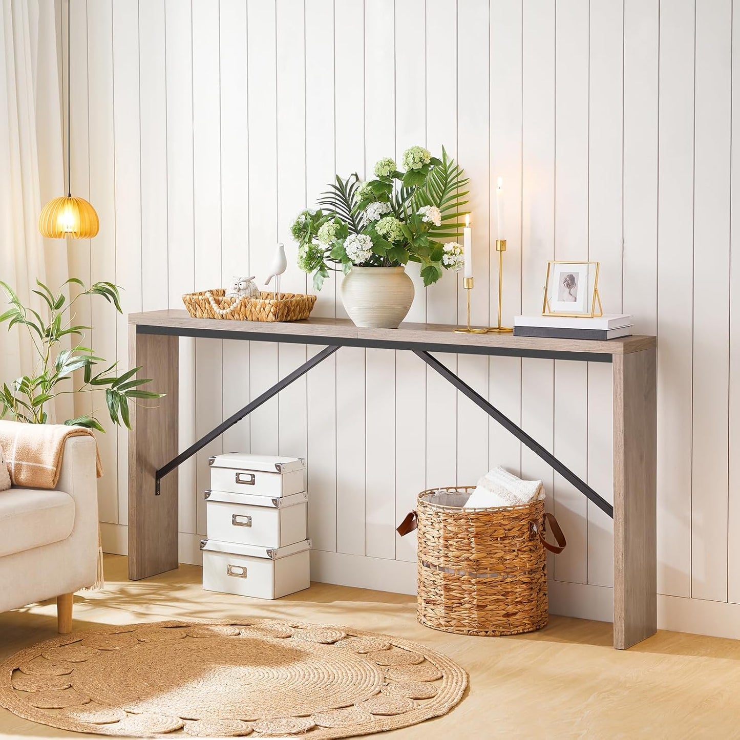 Console Table, 62.2" Long Sofa Table Behind Couch, Narrow Entryway Table, Farmhouse Dining Table with Angled Metal Frame, Industrial Console Table for Entryway, Greige