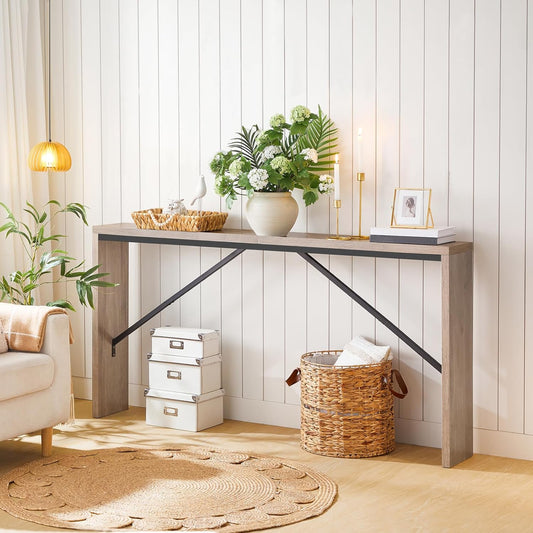 Console Table, 62.2" Long Sofa Table Behind Couch, Narrow Entryway Table, Farmhouse Dining Table with Angled Metal Frame, Industrial Console Table for Entryway, Greige