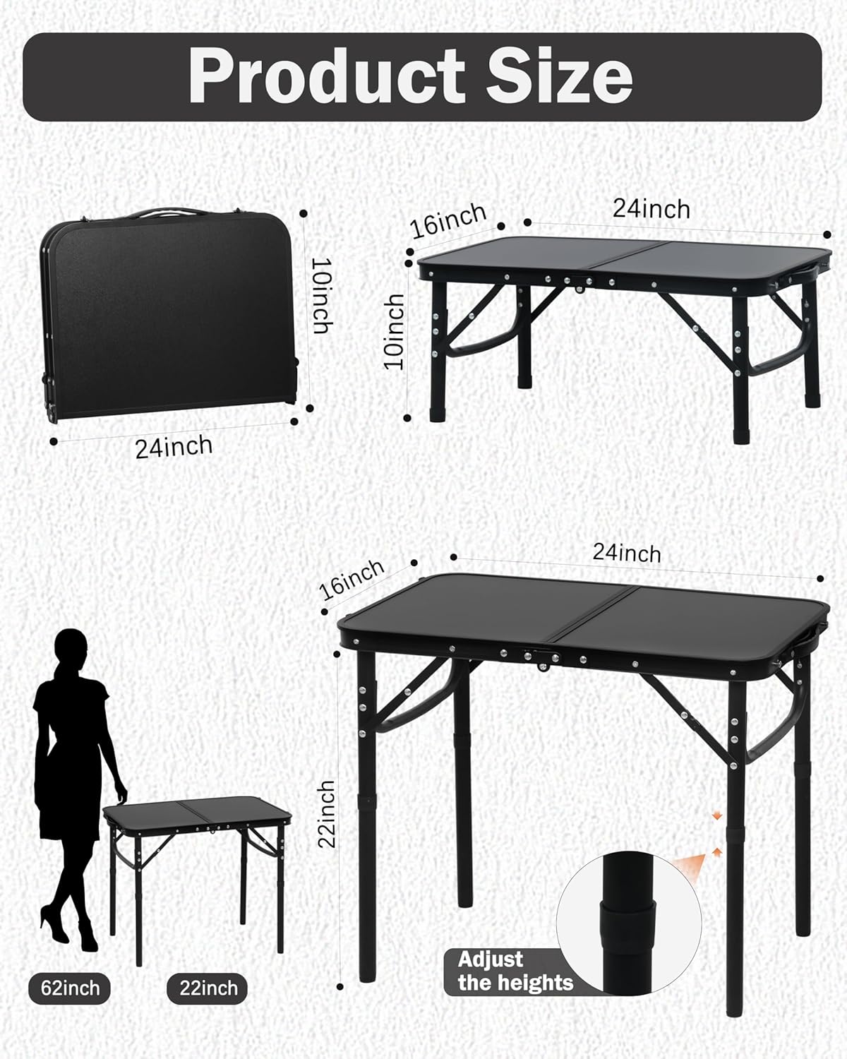 Reinforced Small Folding Table Portable, Small Foldable Camping Table, Heavy-Duty Mini Folding | Adjustable Height | Lightweight  Aluminum with Handle | Black 25.2"x16.3"x22.2"