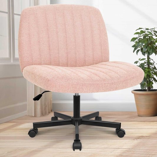 Criss Cross Chair with Wheels Comfy Cross Legged Office Desk Armless Wide Vanity Makeup Chair Adjustable Rolling Computer for Home Office Fabric (Pink)