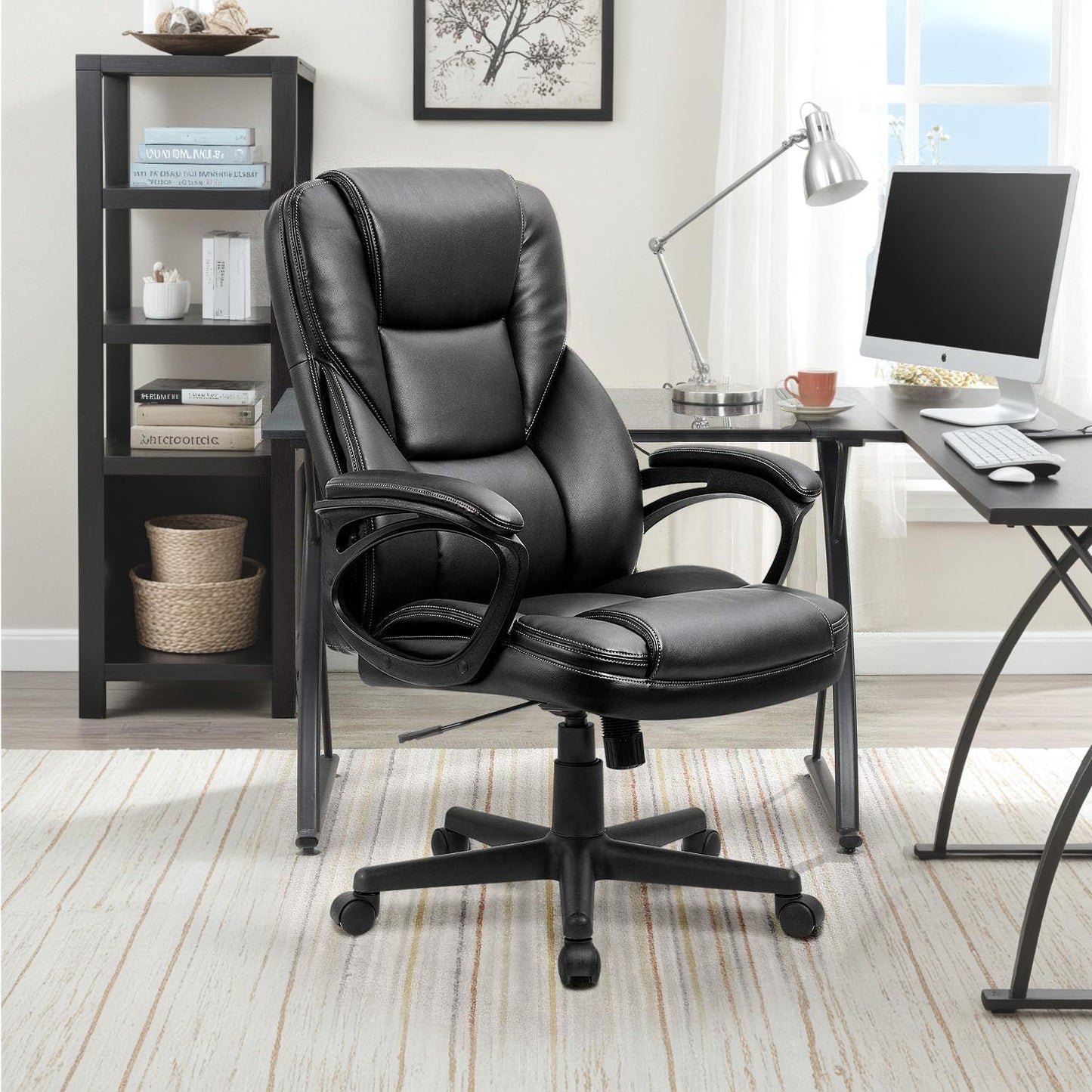 Office Executive Chair High Back Adjustable Managerial Home Desk Chair, Swivel Computer  Leather Chair with Lumbar Support (Black)