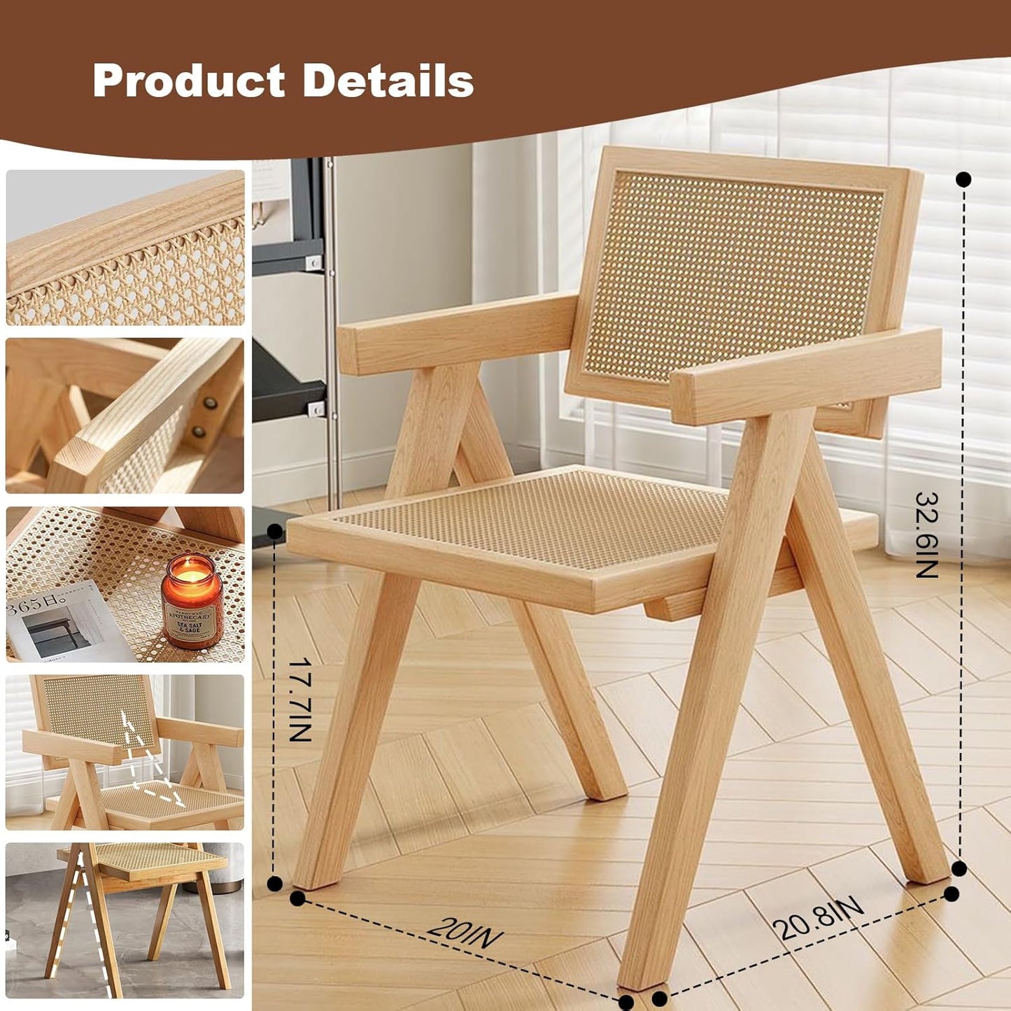 Rattan Dining Chair, Wood Kitchen Cane Comfy Arm with Woven Backrest and Seat, for Living Room Bedroom Kitchen Reataurant Dining Chairs (Original Wood Color)