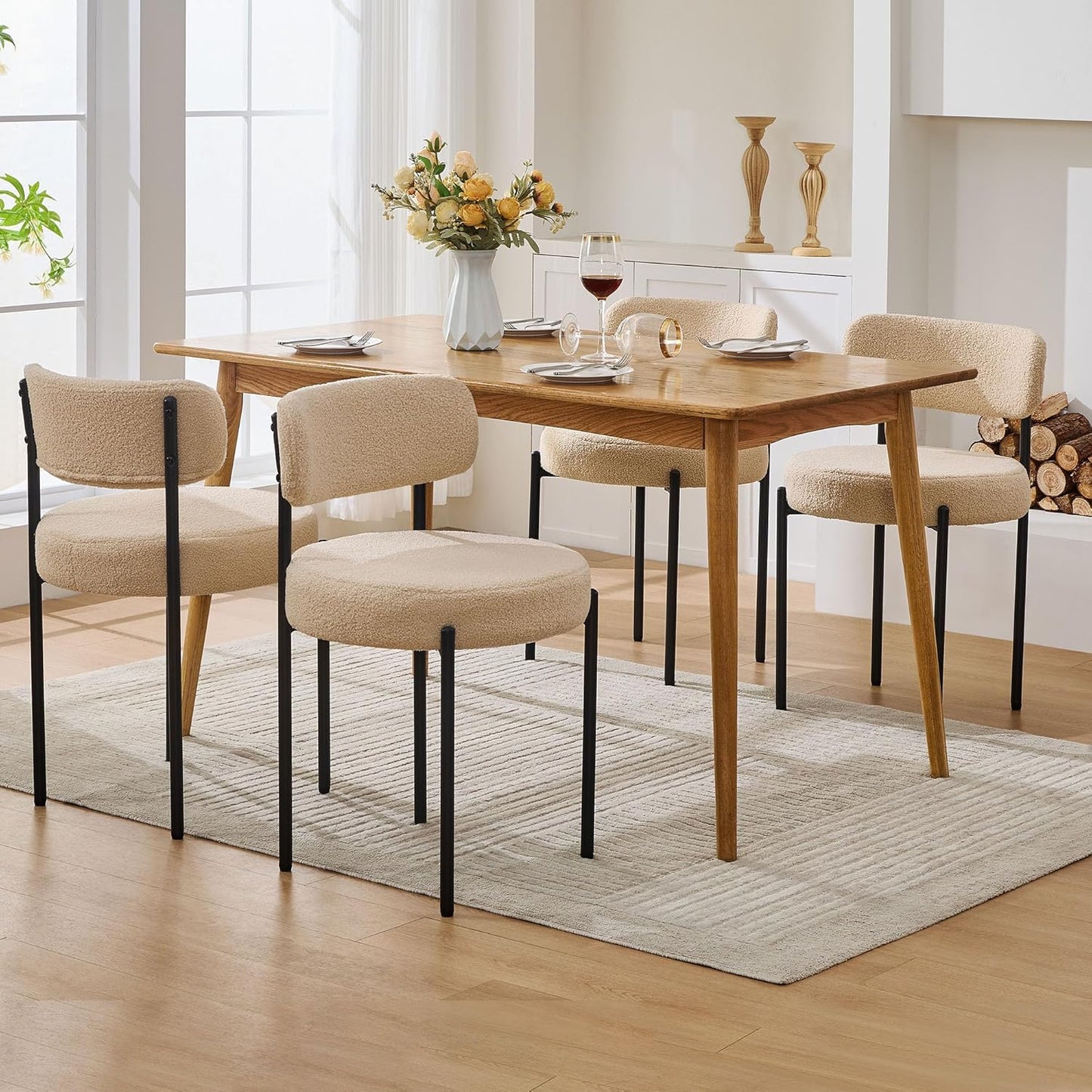 White Boucle Dining Chairs, Kitchen Dining Room Chairs Curved Backrest Upholstered Mid Century Modern Dining Chairs (Beige, 2pcs)