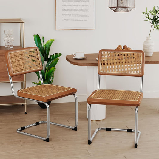 Modern Mid Century Dining Chairs Set of 2, Upholstered Natural Rattan Kitchen Chairs Accent Chair, Armless Side Chairs with Metal Chrome Legs for Bedroom Living Room-Brown
