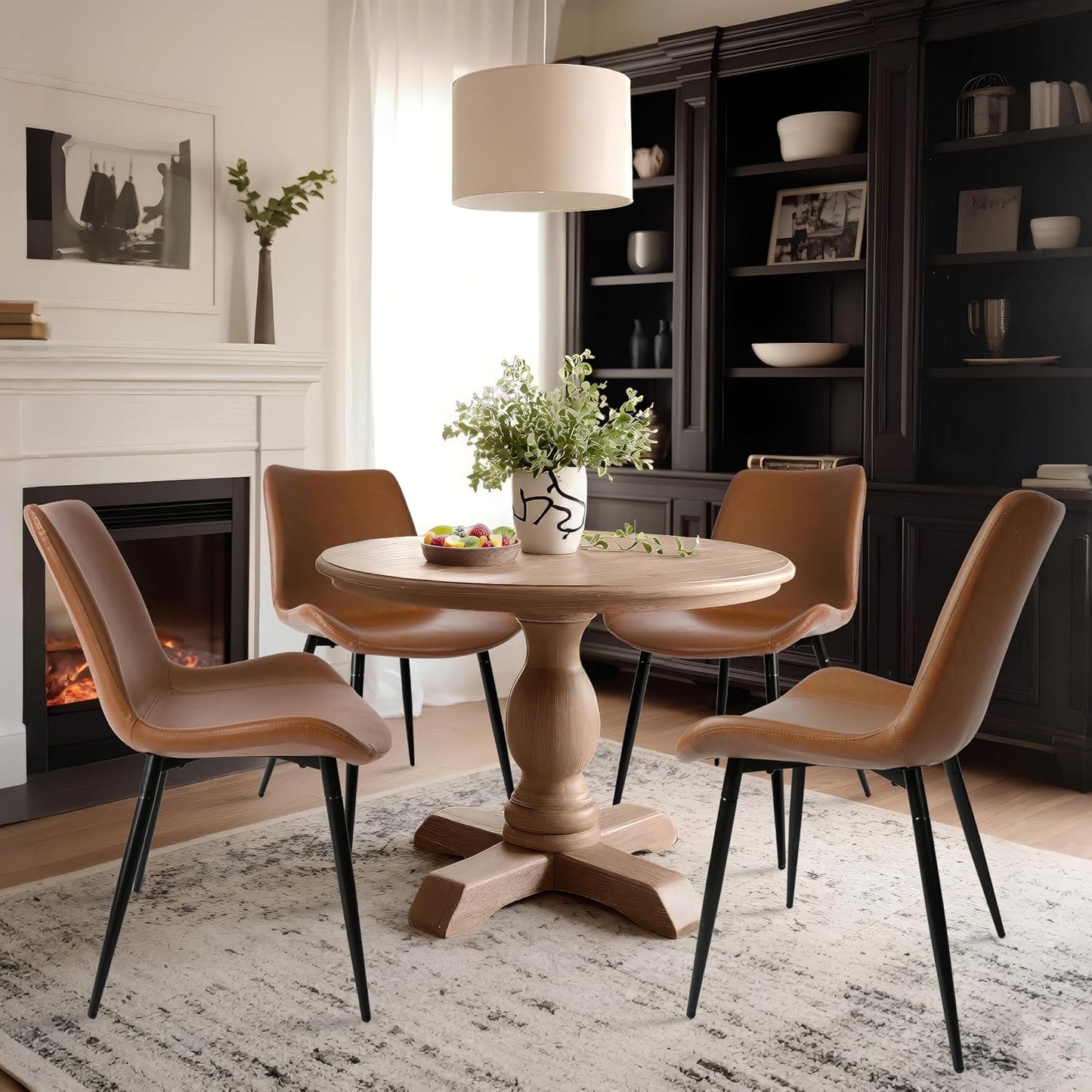 Dining Chairs Set of 4, Faux Leather Dining Room Chairs with Comfy Upholstered Seat, Modern Kicthen Chairs Armless Accent Chairs with Black Legs for Restaurant, Living Room, Brown